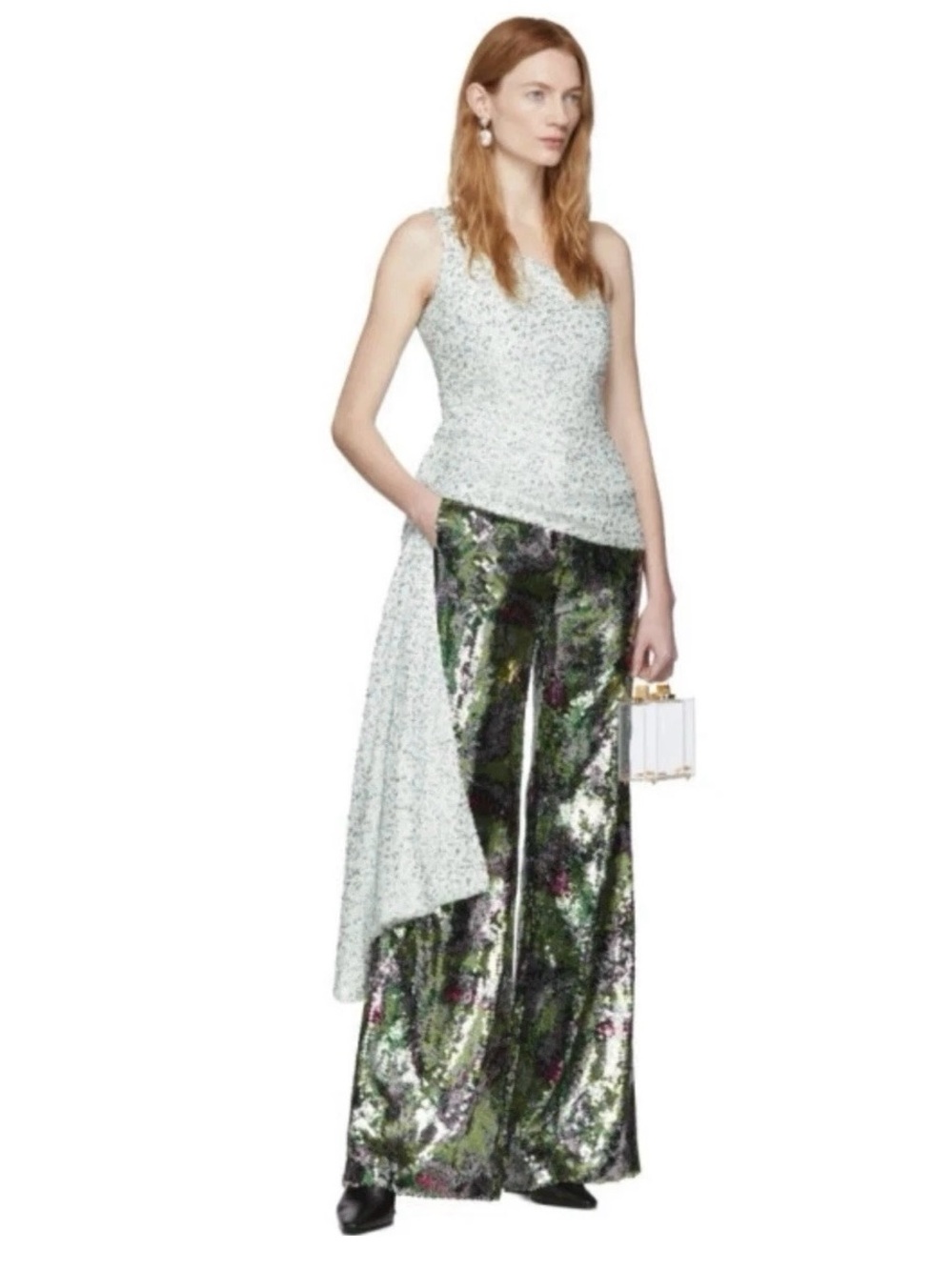 Halpern Green and White Sequin Single-Shoulder Tank Top
Size 38 US 6-8